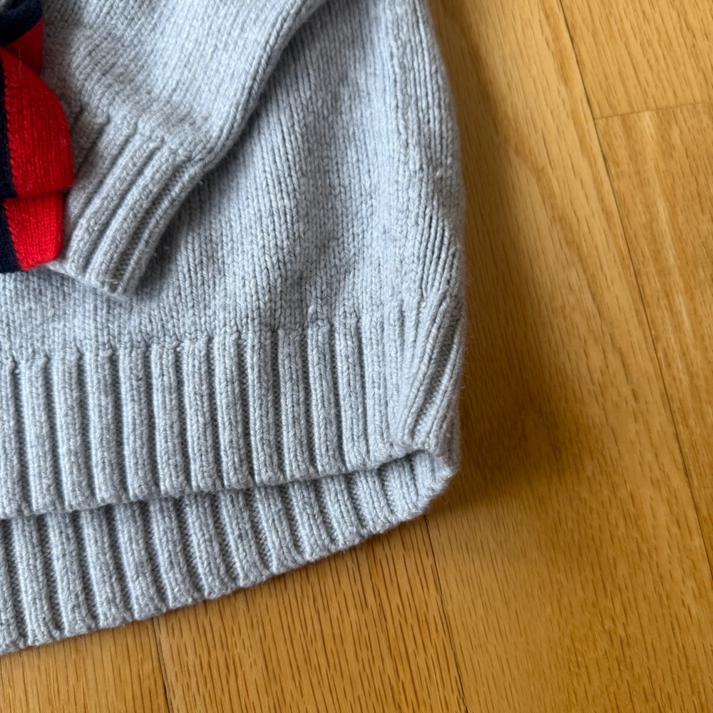 Boden Angelica Sweater Gray W/Red & Blue Ties On Sleeves Knit Crewneck Large - Picture 3 of 7